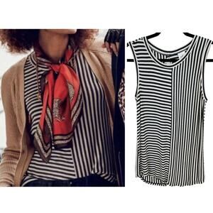 CAbi #3417 Gray Striped London Sleeveless Top Crew Neck Keyhole